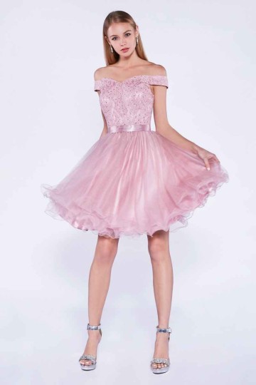 Off The Shoulder A-Line Short Dress With Lace Bodice And Layered Tulle Skirt by Cinderella Divine -1021