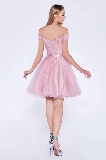 Off The Shoulder A-Line Short Dress With Lace Bodice And Layered Tulle Skirt by Cinderella Divine -1021