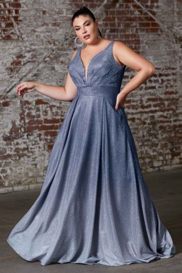 A-Line Ombre Gown With Pleated Deep V-Neckline And Pockets by Cinderella Divine -9174C